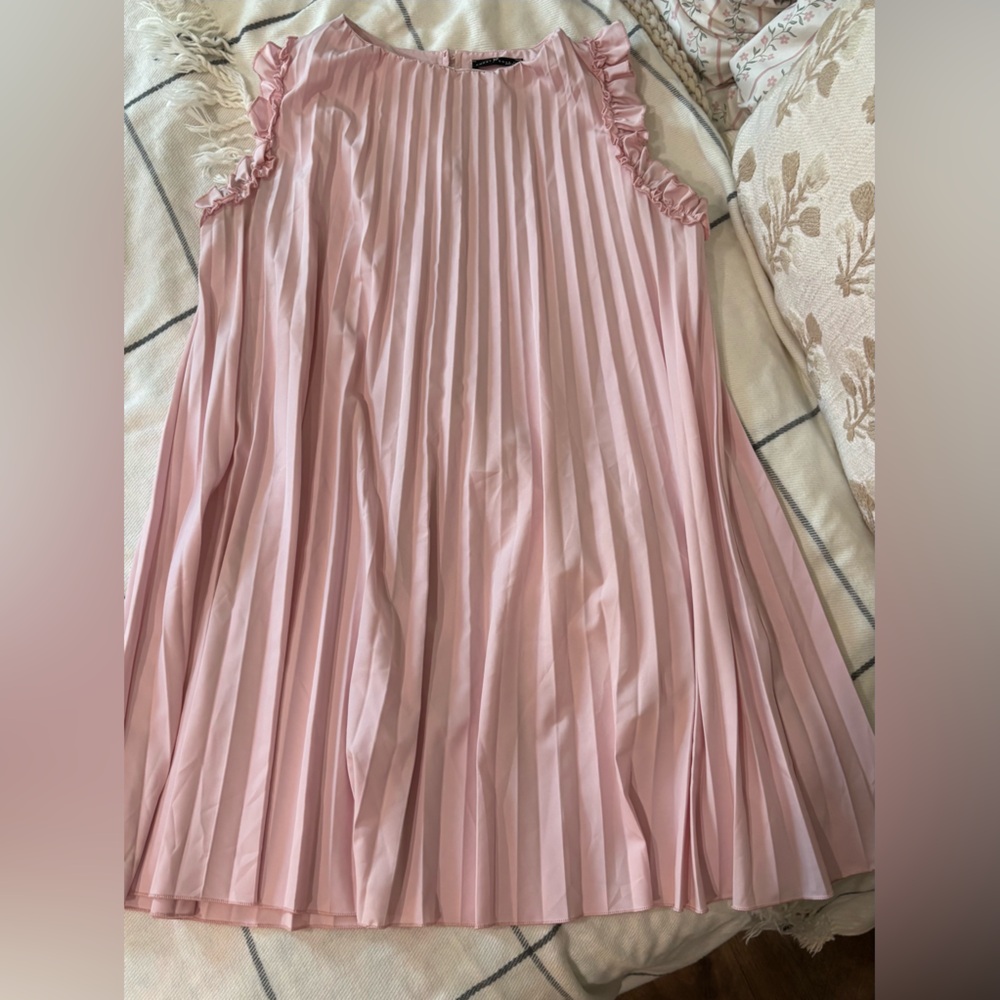 Pleated Ruffle-Trim Midi Dress in Light Pink